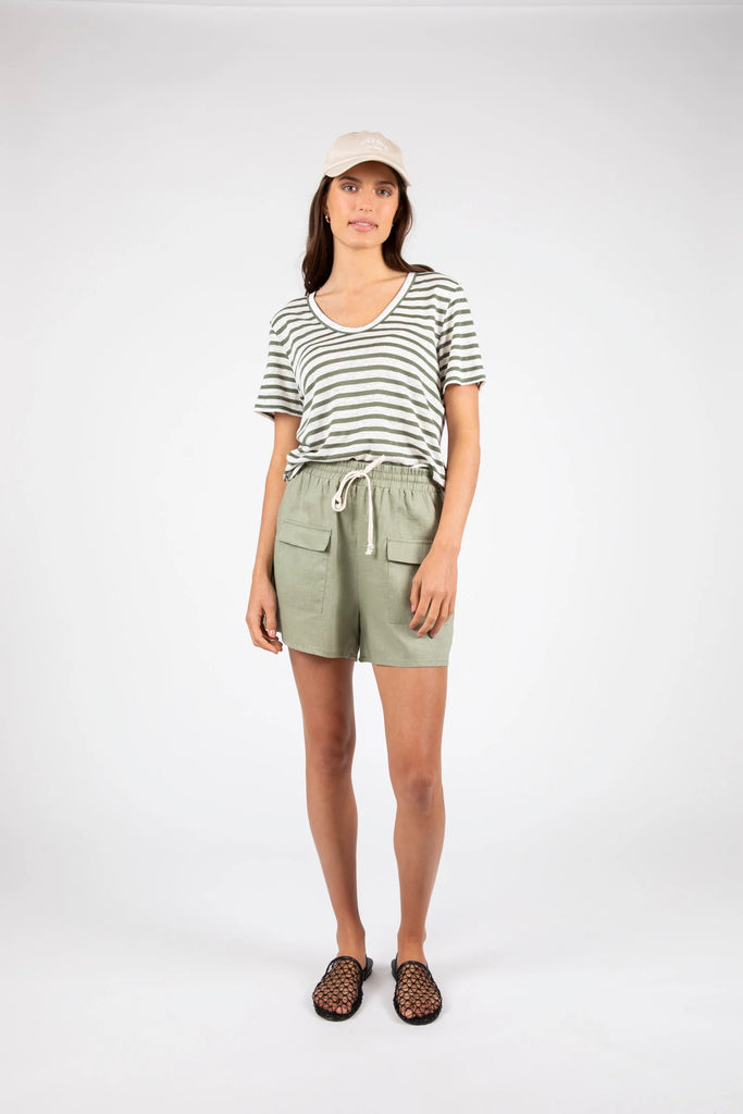 Marlow Athens Stripe Tee Pistachio Stripe and White worn with khaki shorts