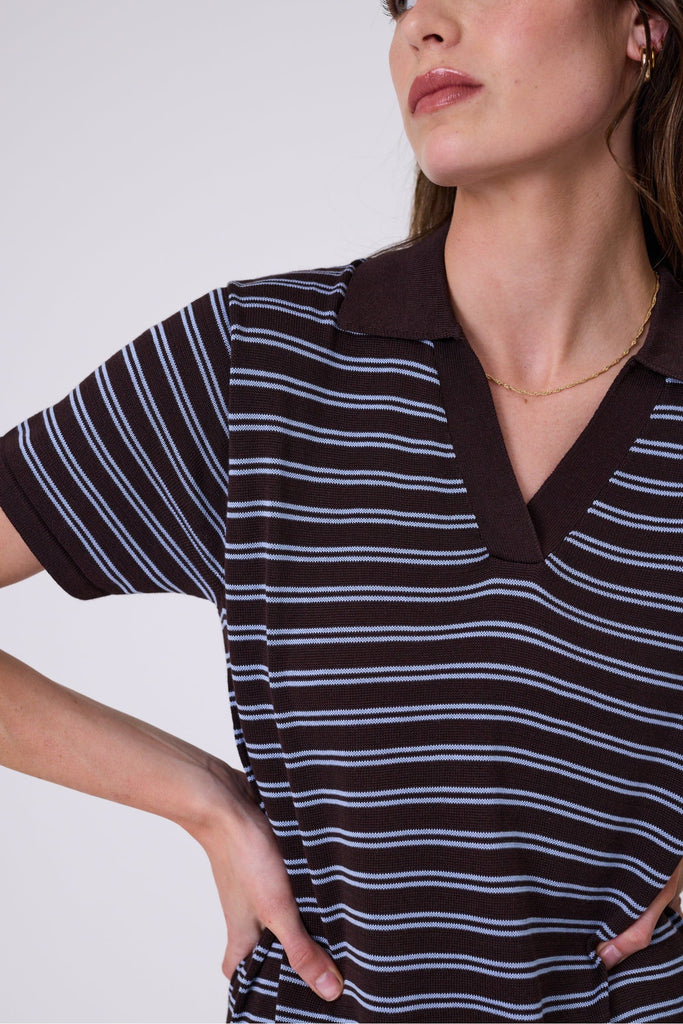 Woman wearing a chocolate brown and blue striped polo dress on a white background. Marlow Chime Knit Polo Dress in Carob Stripe.