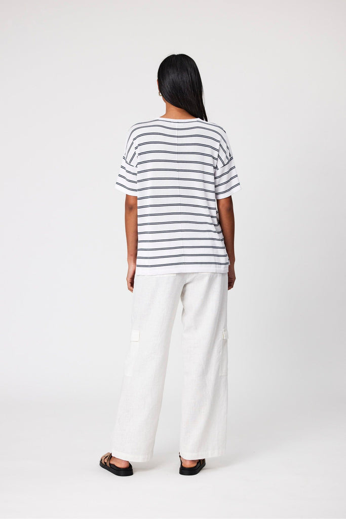 Marlow Leisure Knit Stripe Tee White with navy Stripe back view