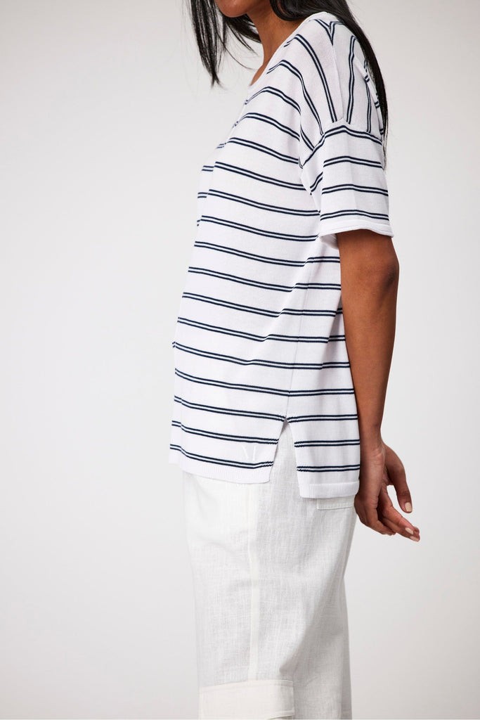 Marlow Leisure Knit Stripe Tee White with navy Stripe side view