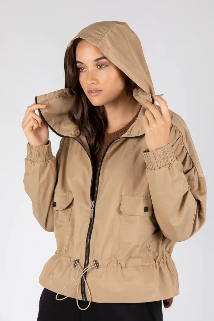 Marlow Sahara Utility Cropped jacket with hood in Camel