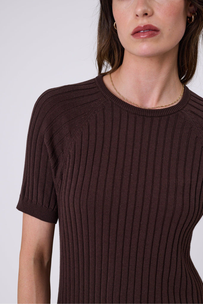 Woman wearing a chocolate brown knit tee on a grey background. Marlow Wisp knit Tee Carob.
