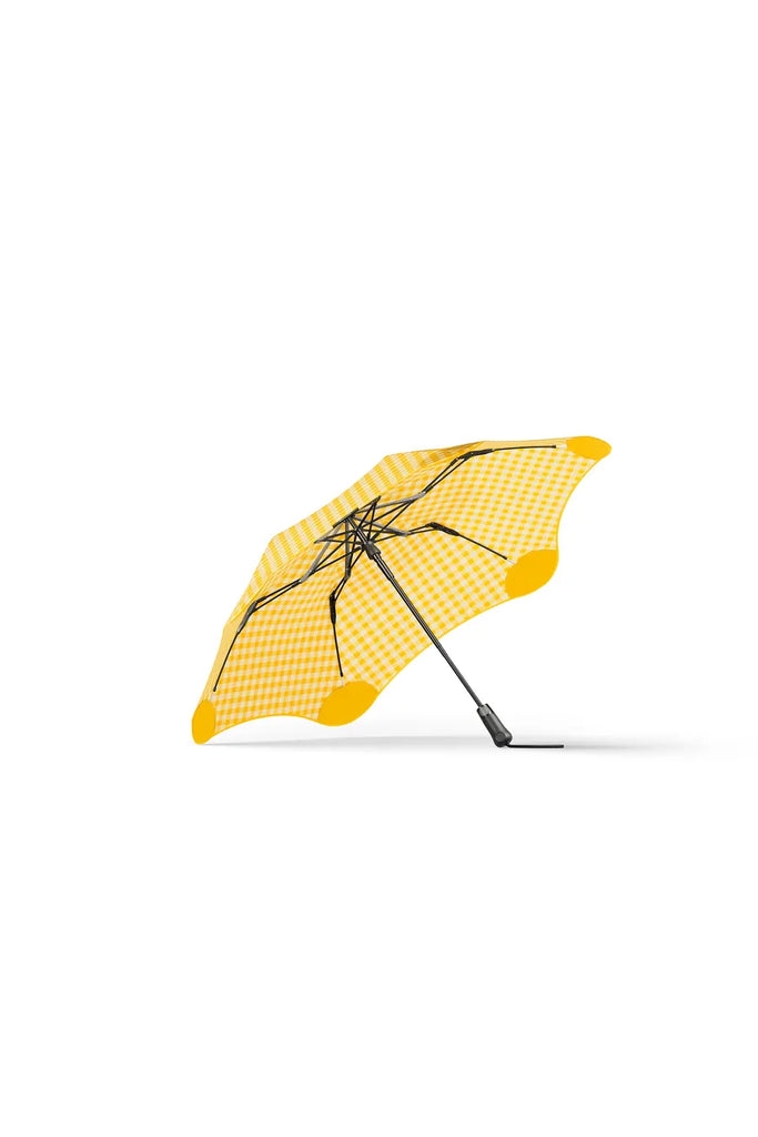 Blunt Metro Umbrella Limited Edition Lemon & Honey Umbrella Yellow + White Gingham .  Image showing underneath of canopy and handle