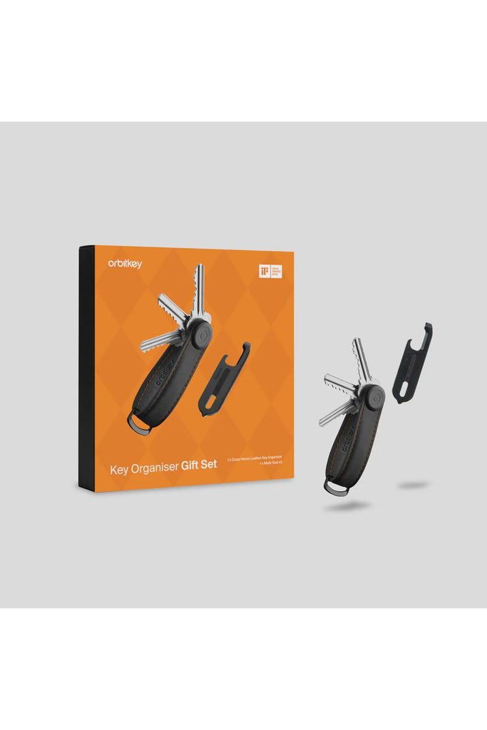 Key Organiser Crazy Horse + Multi Tool V2 Set | Black w Orange Stitching Keyrings Orbitkey