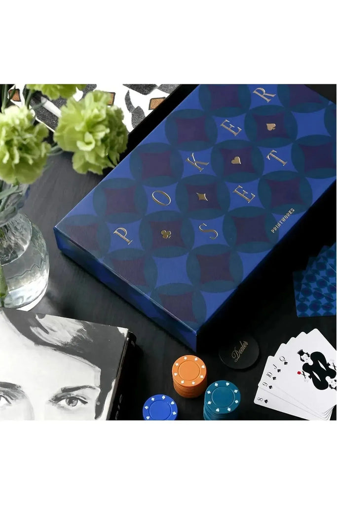 Printworks Blue poker set with cards and chips on a dark surface