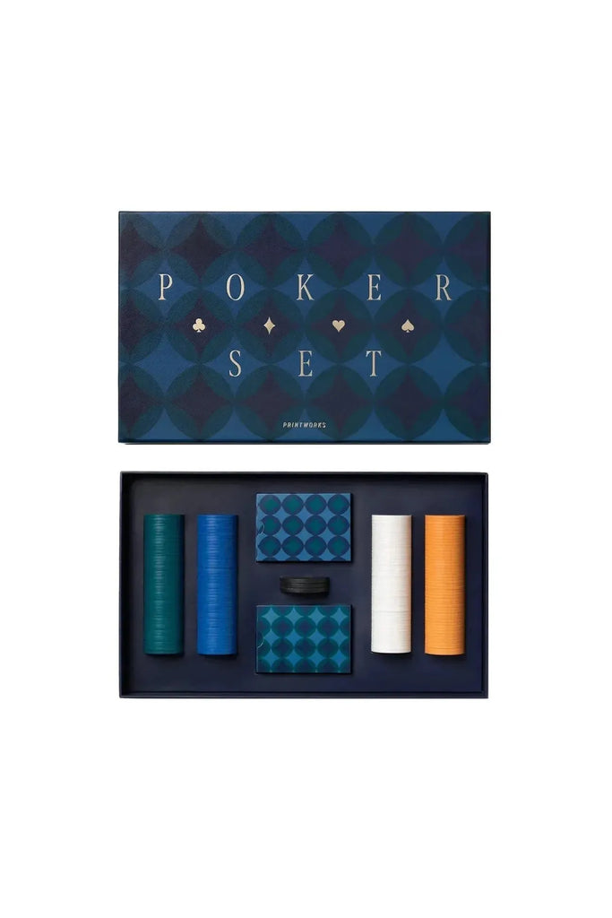 The Printworks Classic Poker Set is presented with the box open, showcasing blue, green, white, and orange chips. The playing cards are packaged in a geometric pattern that matches the presentation box. The lid of the box rests on top of the base, with all components displayed against a white background.
