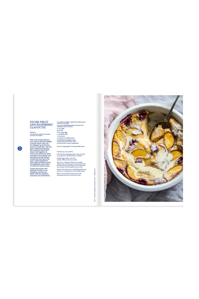 Kelly Gibney Enjoy : Food Worth Sharing With The People You Love Interior Pages Recipe Shown Stone Fruit and Raspberry Clafoutis