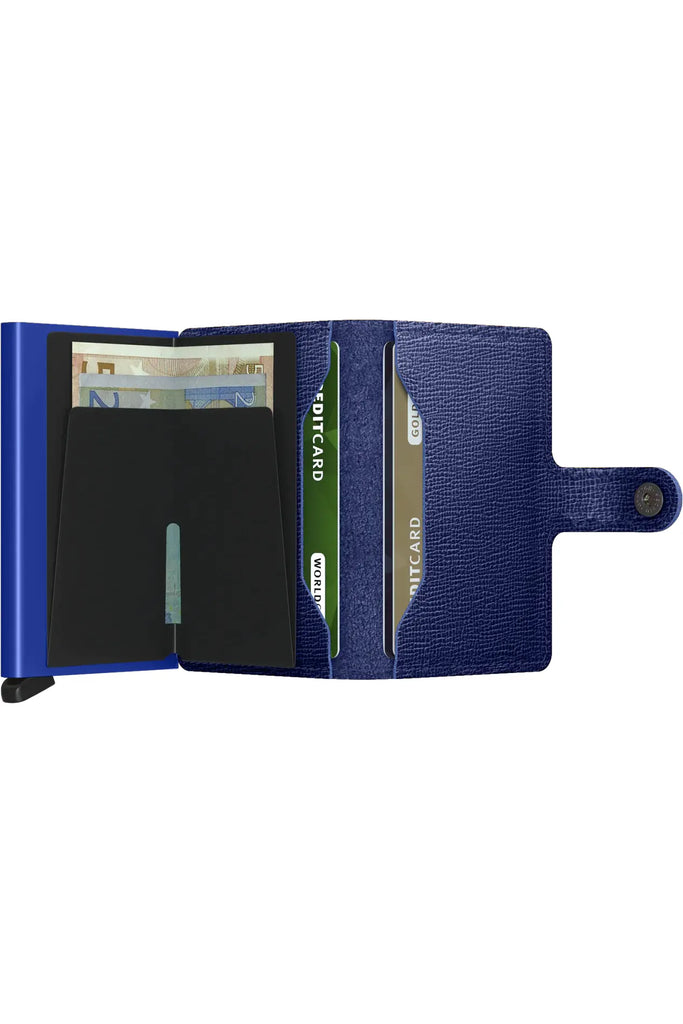 Secrid Miniwallet Crisple Leather Cobalt Blue Opened out showing interior of back of the wallet billfold and two storage pockets