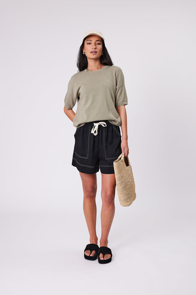 Marlow Palomo Short Black with Eden knit tee Light Kelp