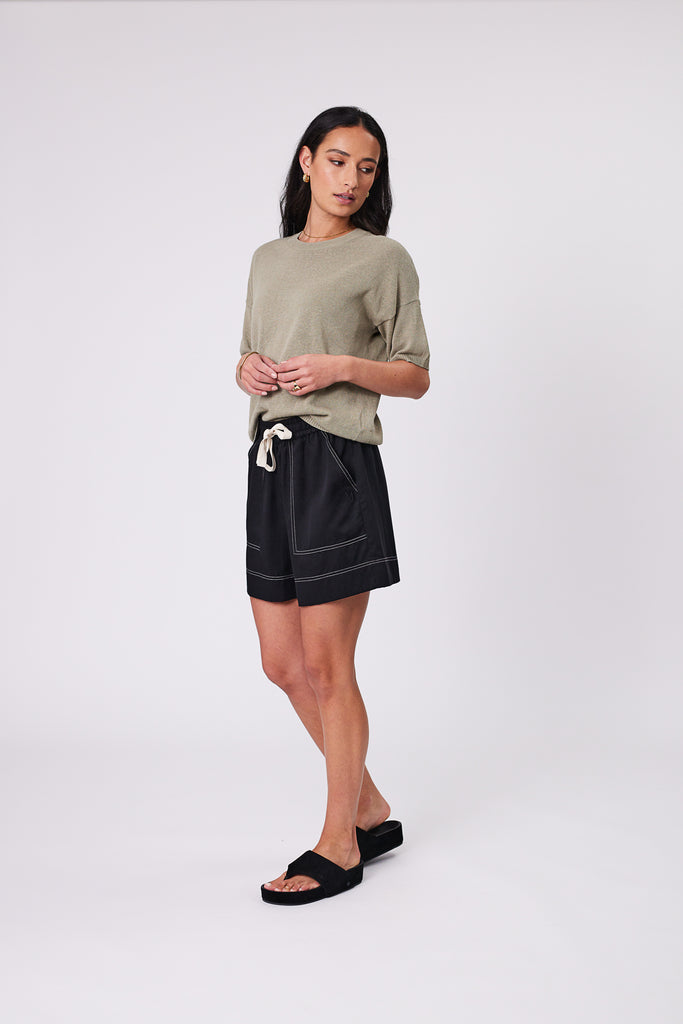 Marlow Palomo Short Black with Eden knit tee Light Kelp