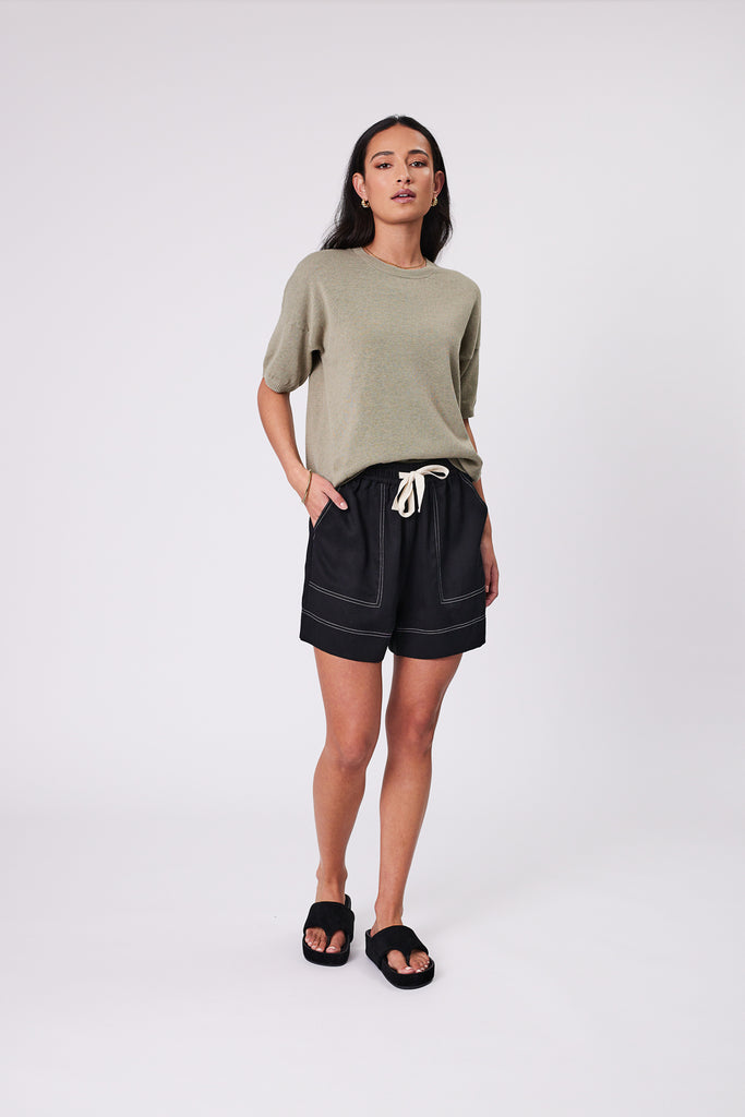 Marlow Palomo Short Black with Eden knit tee Light Kelp