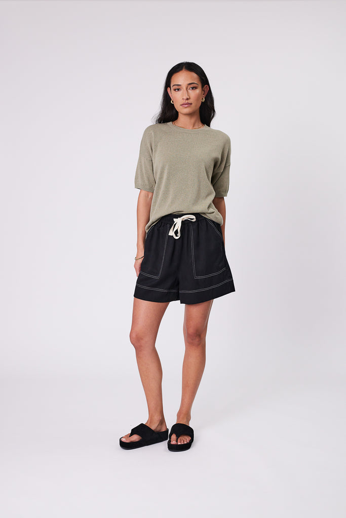 Marlow Palomo Short Black with Eden knit tee Light Kelp