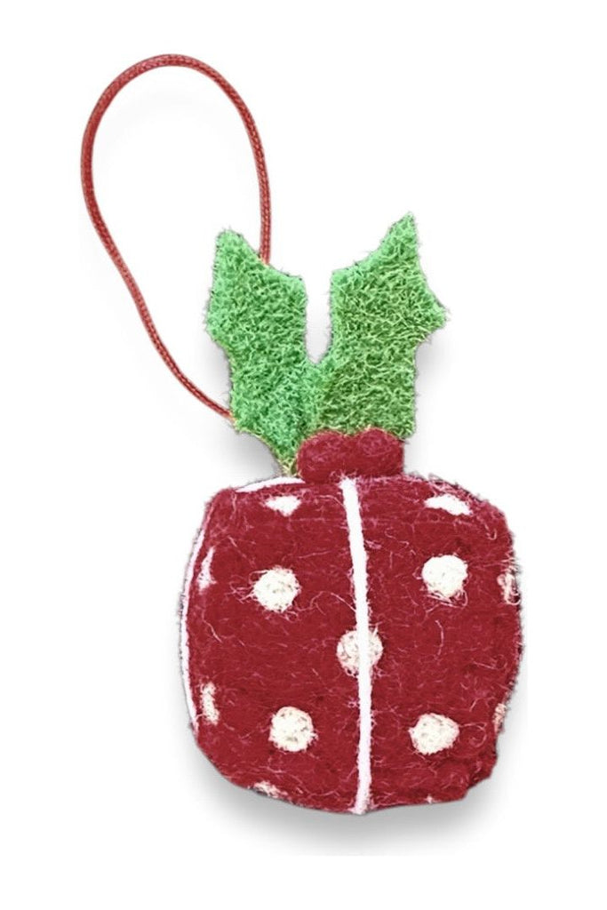 Hanging Christmas Decoration | Festive Wrapped Gift w Spots & Holly | Red Christmas Decorations Pashom International