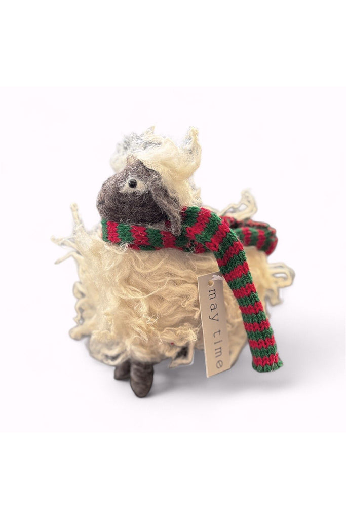 May Time | Felt Standing Charlotte Sheep | Handmade Christmas Decoration | Crisp Home + Wear Sheep figurine with a red and green scarf with May Time tag on a white background