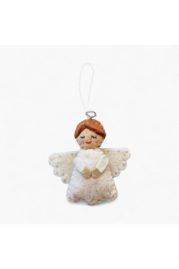 Handmade white felt angel Christmas ornament with brown hair, halo, and wings on a white background