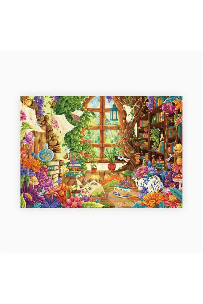 Piece House and Zoe Gillett's collaboration jigsaw puzzle titled 'Petals & Pages' features a completed illustration of a cosy room adorned with plants, books, and flowers.
