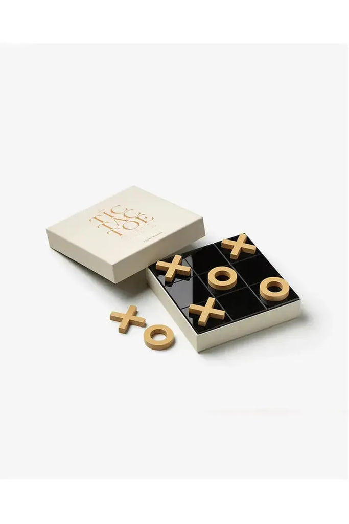 Printworks Tic-tac-toe game set with wooden pieces and a black board in a beige box on a white background