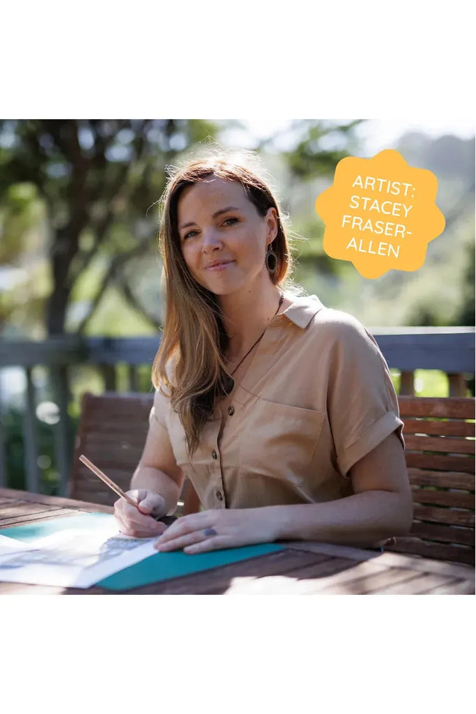 Piece House is collaborating with Stacey Fraser Allen on a puzzle titled "Neighbourhood Puzzle." The image shows Stacey sitting outdoors at a table.