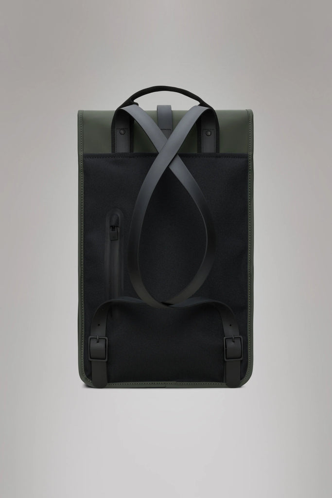 khaki green backpack against a plain background. Rains Green backpack.