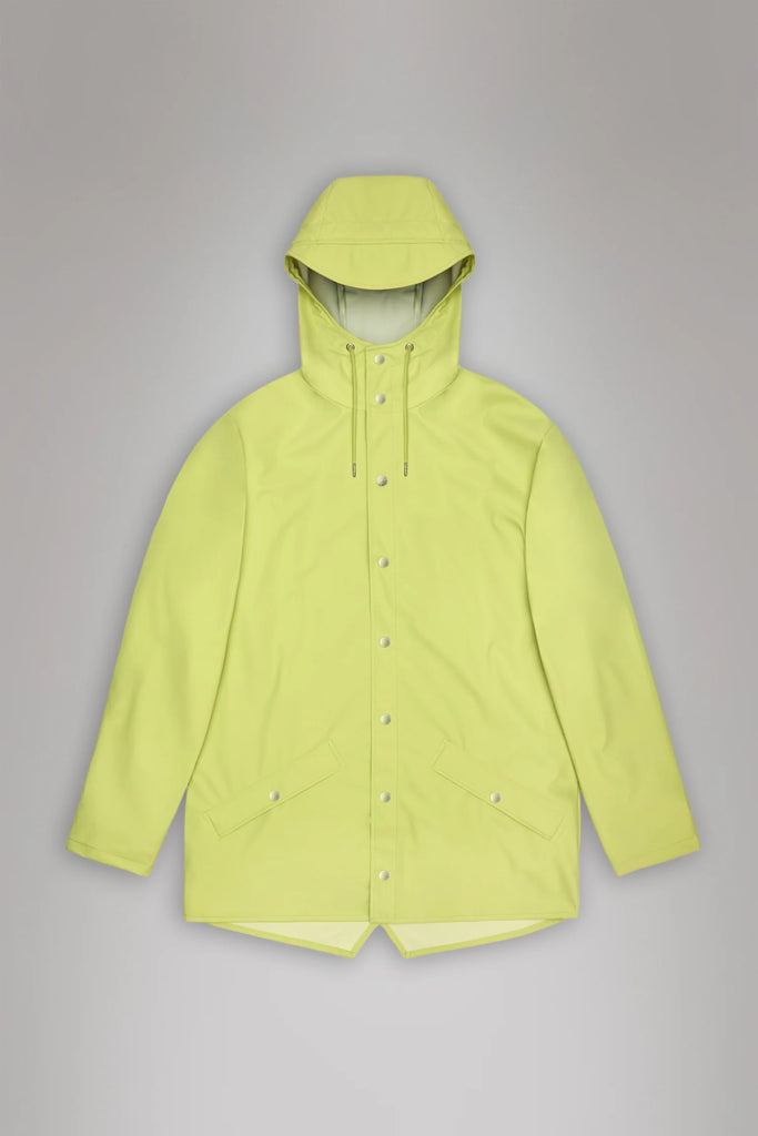 bright green Rains raincoat in acid colourway on a grey background