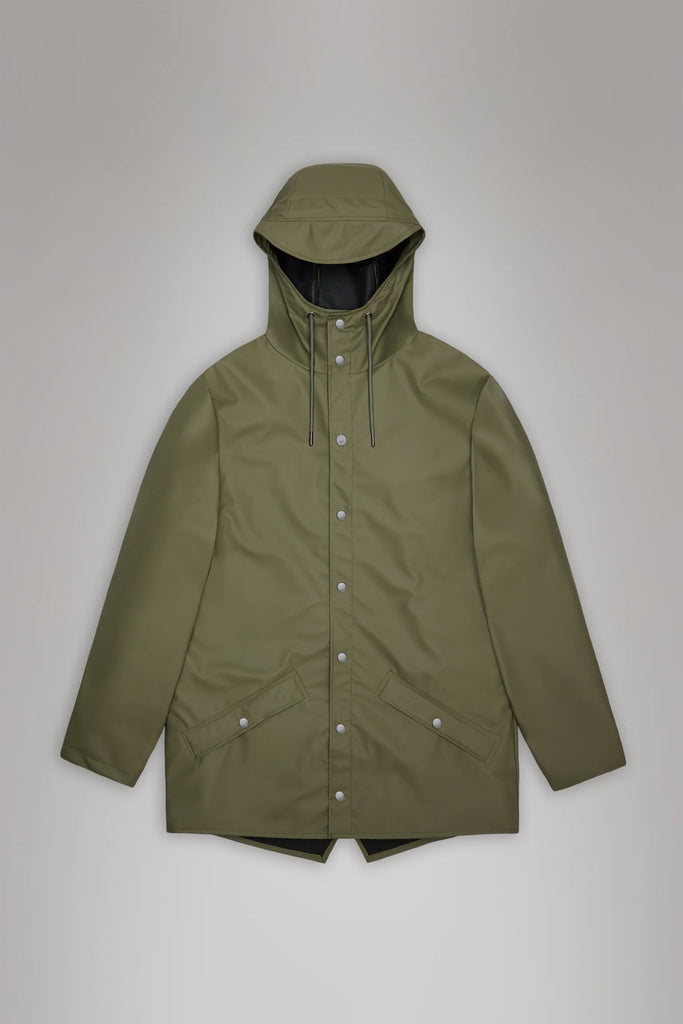 green Rains raincoat in Marsh colourway on a grey background