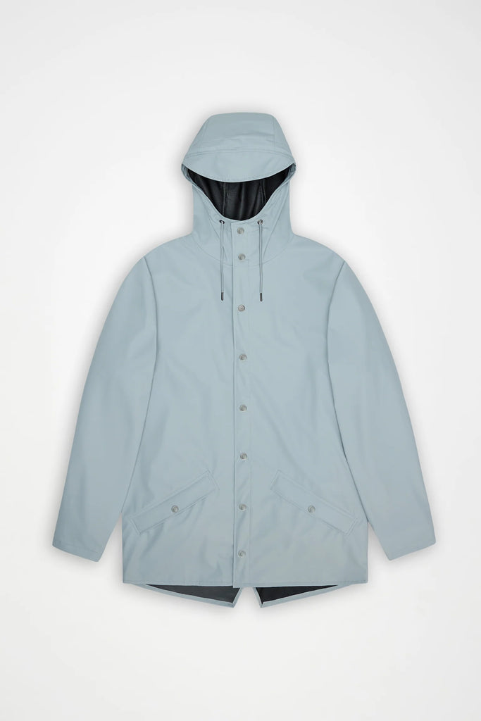 Light blue raincoat on a plain background. Rains Jacket in Pool.