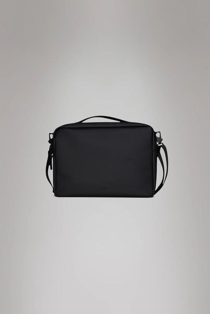 Rains black laptop bag on a grey background