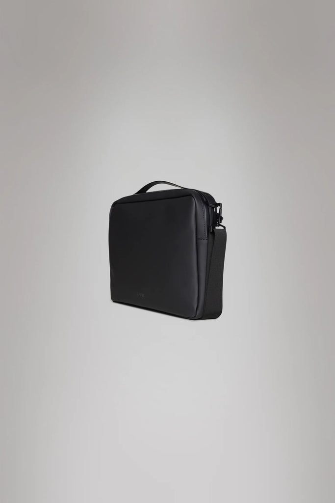 Rains black laptop bag on a grey background