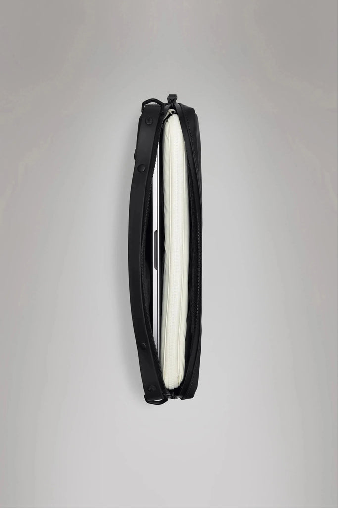 Rains black laptop bag on a grey background