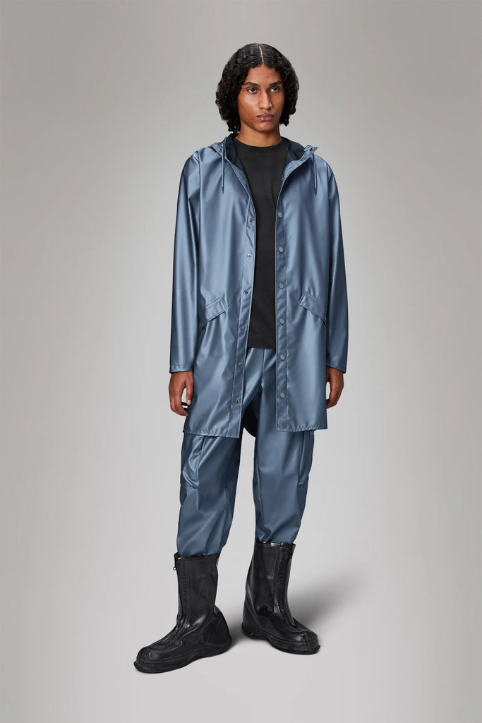 Rains Long Jacket Bay Blue on model open