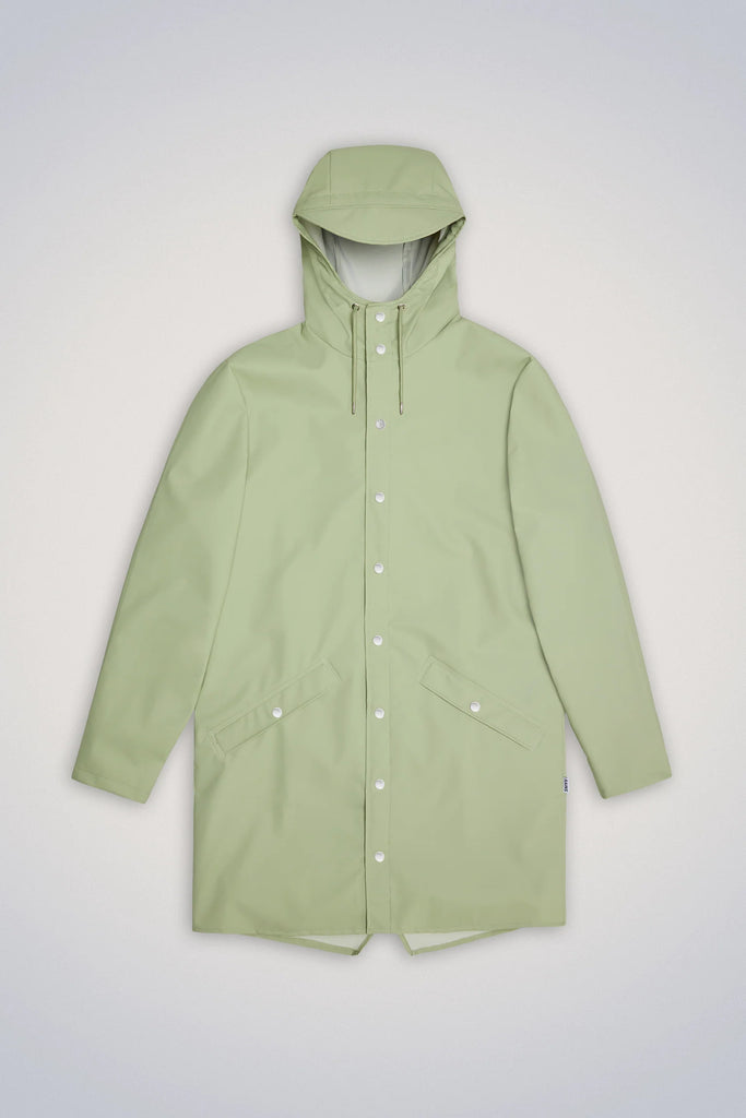Rains Long Jacket Earth Green front view buttoned up 