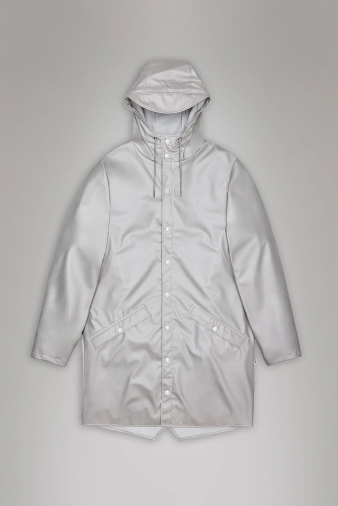 Rains Nimbus long light grey metallic raincoat on a plain background