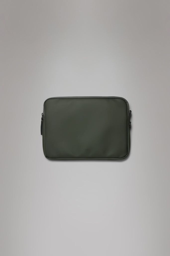 Khaki green laptop case on a light grey background. Rains Trail Laptop Case in Green.