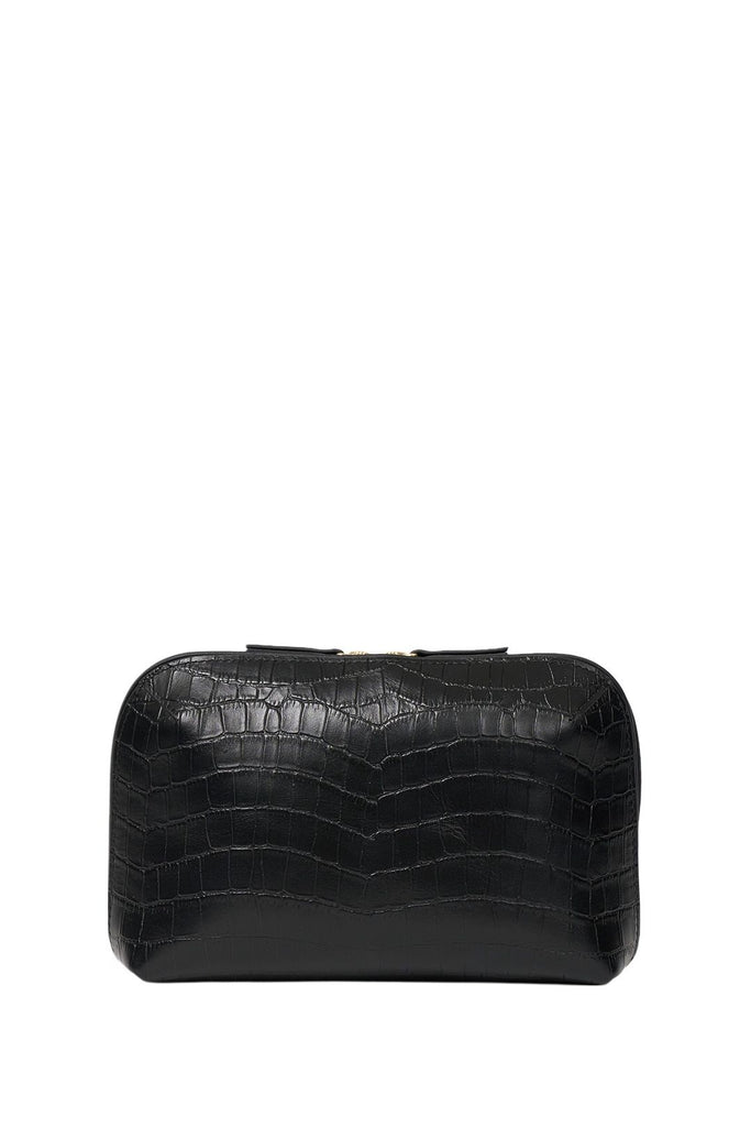 Black crocodile-patterned travel pouch on a white background. Saben Tate Tech Pouch in Black Croc Leather.