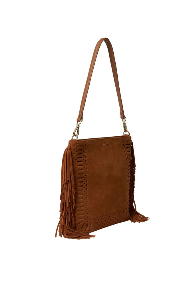 Brown suede handbag with fringe details on a white background. Saben Claudette Fringed Tassel Crossbody Bag in Tan Suede.