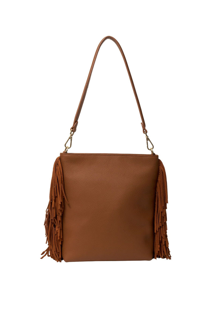Brown suede handbag with fringe details on a white background. Saben Claudette Fringed Tassel Crossbody Bag in Tan Suede.
