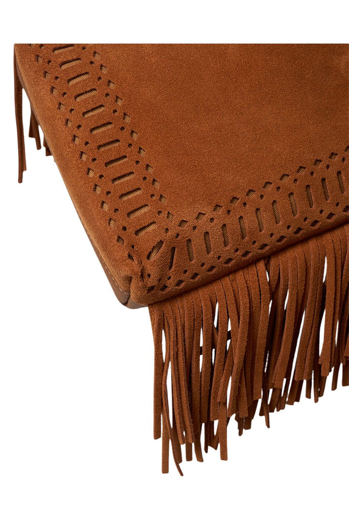 Brown suede handbag with fringe details on a white background. Saben Claudette Fringed Tassel Crossbody Bag in Tan Suede.