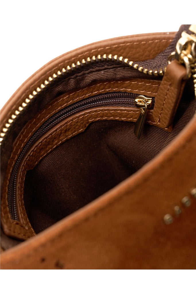 Brown suede handbag with fringe details on a white background. Saben Claudette Fringed Tassel Crossbody Bag in Tan Suede.