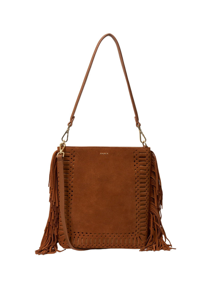 Brown suede handbag with fringe details on a white background. Saben Claudette Fringed Tassel Crossbody Bag in Tan Suede.