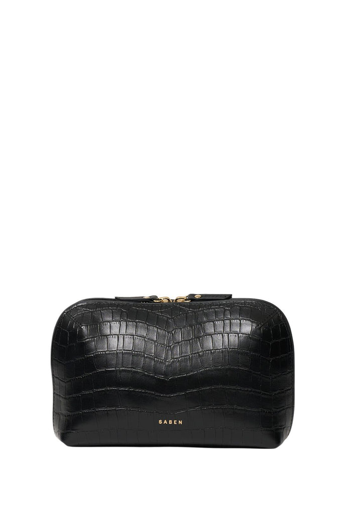 Black crocodile-patterned travel pouch on a white background. Saben Tate Tech Pouch in Black Croc Leather.
