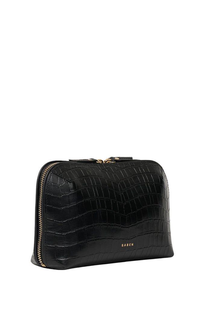Black crocodile-patterned travel pouch on a white background. Saben Tate Tech Pouch in Black Croc Leather.