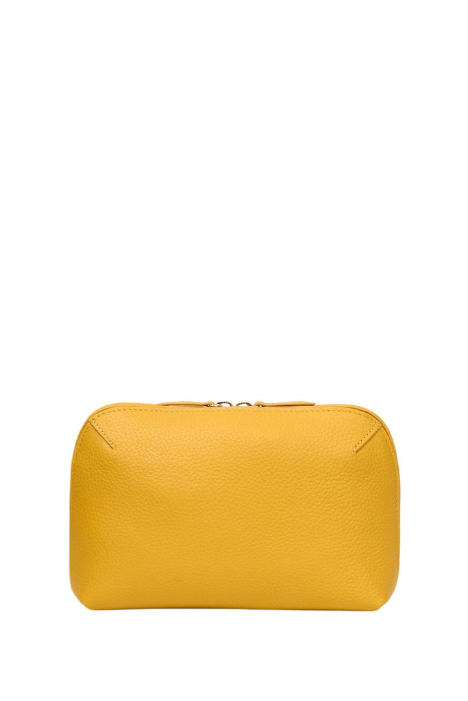 Yellow leather pouch on a white background. Saben Tate Tech Pouch in Marigold yellow leather.