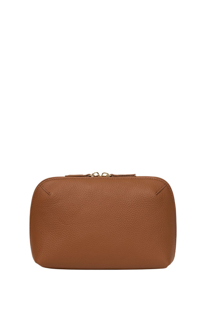 Brown leather pouch with gold zipper on a white background. Saben Tate Tech Pouch in Tan leather