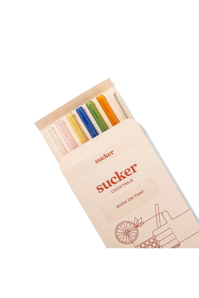 Sucker Multi-coloured Cocktail Straws. Box of colourful cocktail straws with 'sucker' branding on a white background