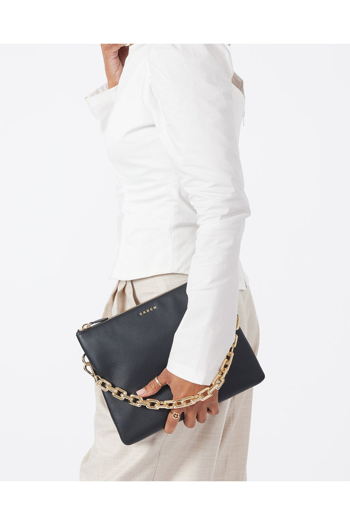 Saben Matilda Shoulder Crossbody Bag Black Leather with a gold chunky chain handle