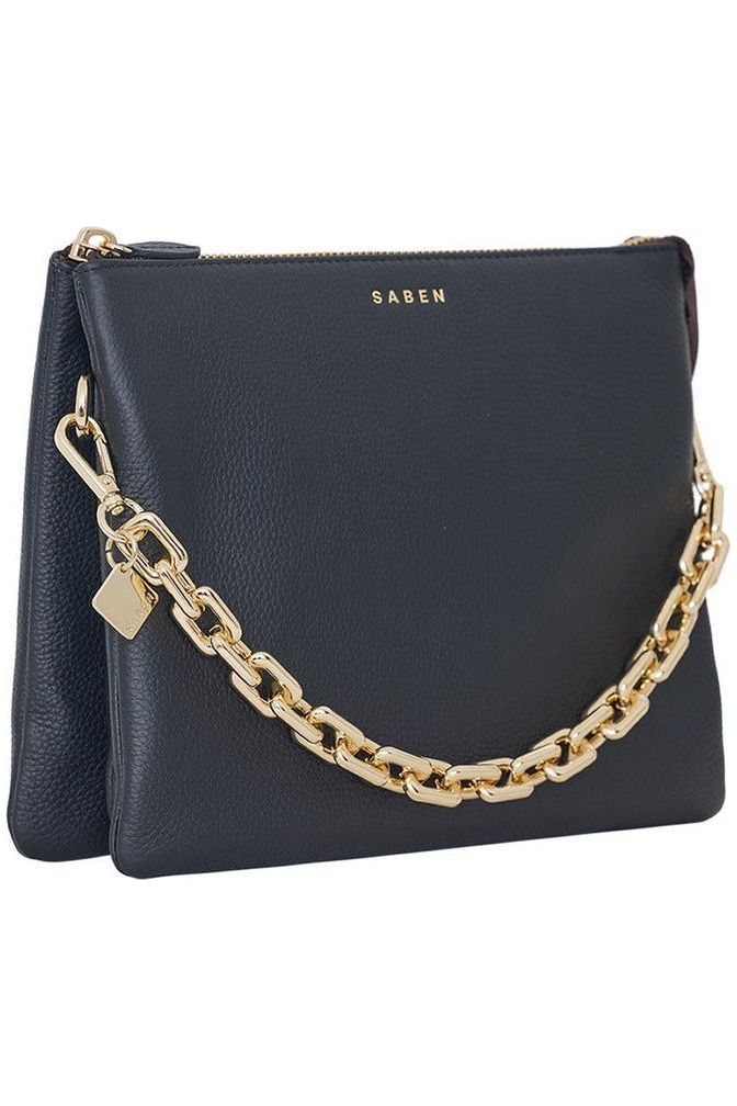 Saben Matilda Shoulder Crossbody Bag Black Leather with a gold chunky chain handle