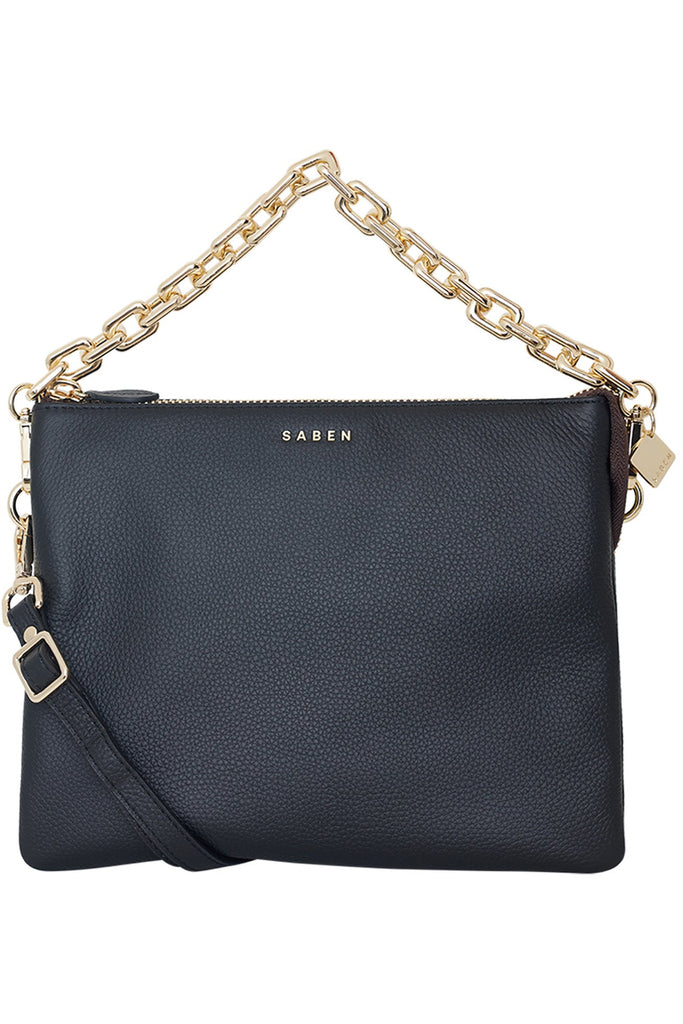 Saben Matilda Shoulder Crossbody Bag Black Leather with a gold chunky chain handle