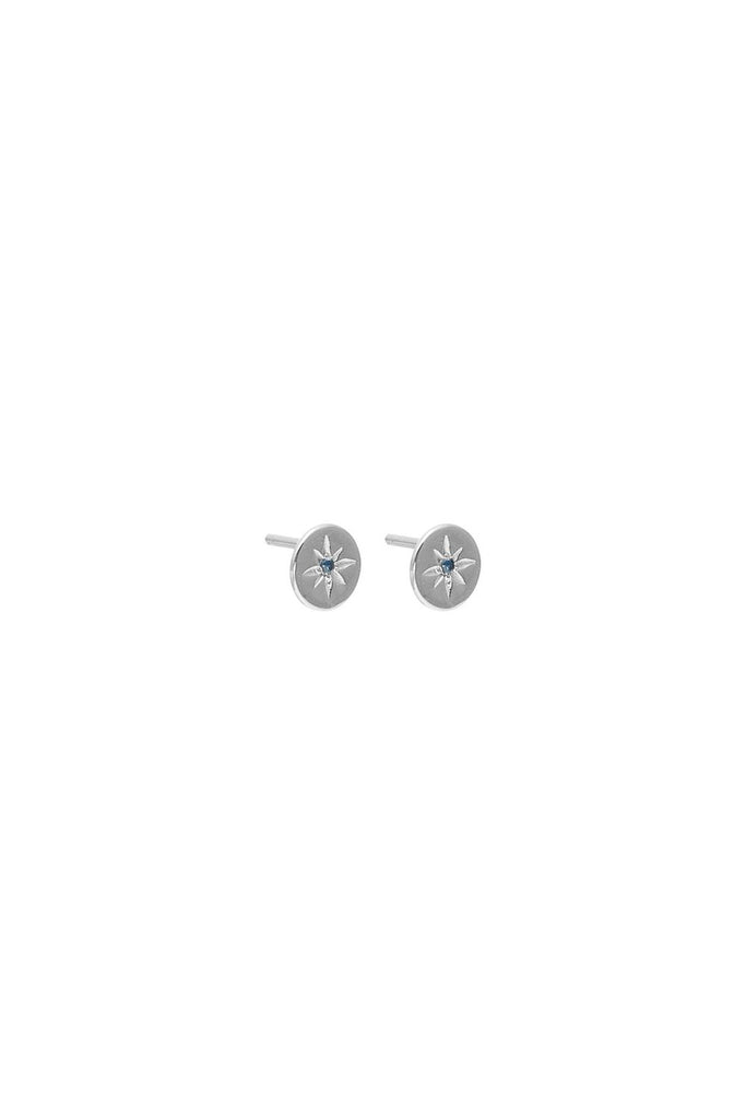 Silver Petite North Star Stud Earrings with small Blue Sapphire gemstone in the middle of the pendant drop from NZ Label Silk & STEEL