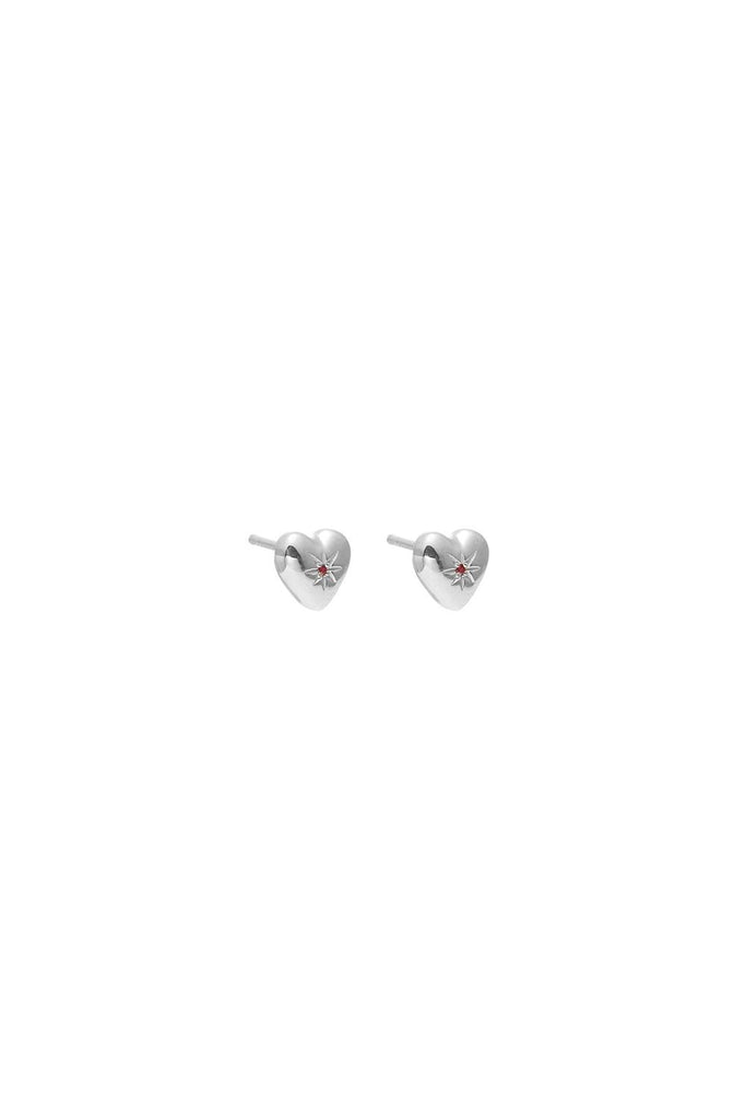 Silk & STEEL Silver Petite Puffed Heart Stud Earrings with Ruby gemstone  