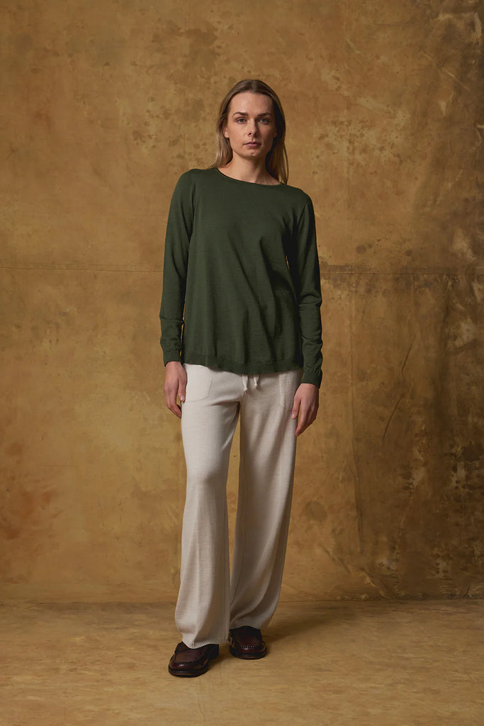 Standard Issue Merino Swing Sweater Loden Green on model